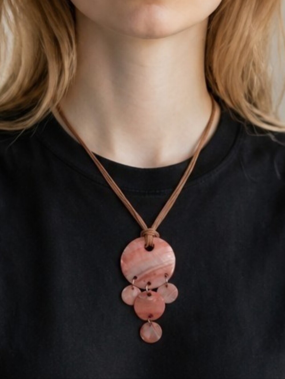 Hand Crafted Mother Of Pearl Disc Pendant Necklace Pink